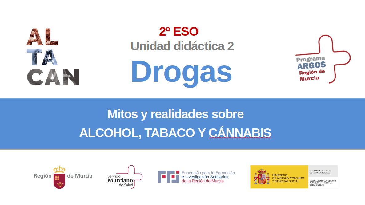 2º de ESO Diapositivas MITOS Y REALIDADES SOBRE EL ALCOHOL, TABACO Y CÁNNABIS. ADAPTACIÓN AL CENTRO EDUCATIVO. Segunda Unidad Didáctica de "Drogas: ALTACAN". Con vídeos en píldoras. Sin locución.